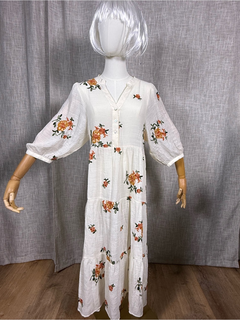 Ivory Floral Maxi Dress with Orange Rose Embroidery